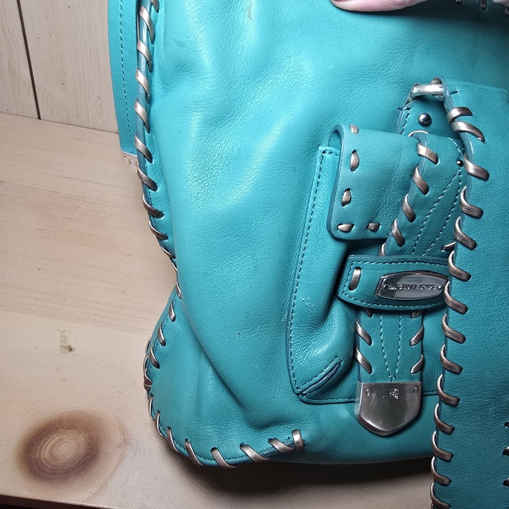 Vtg Y2k Rare Michael Kors Teal Woven Whipstitch Leather Satchel Shoulder Handbag - Picture 10 of 15